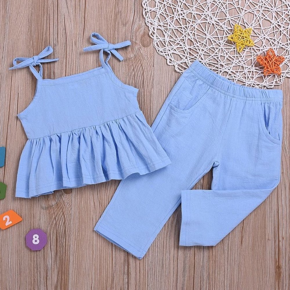 DENIM TIE RUFFLE TOP WITH PANTS - Picture 2 of 2